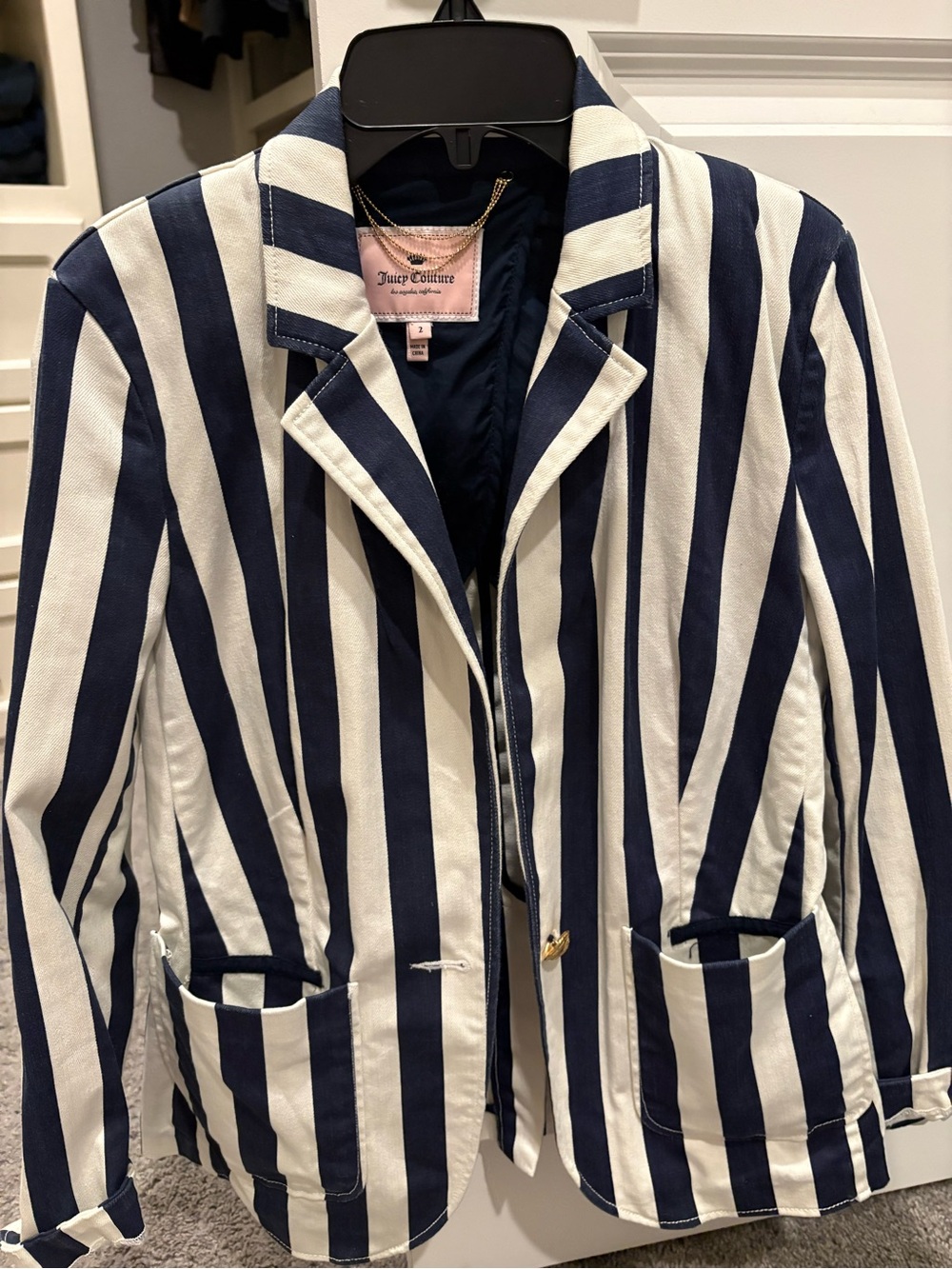 Juicy Couture Navy & White Vertical Stripe Blazer